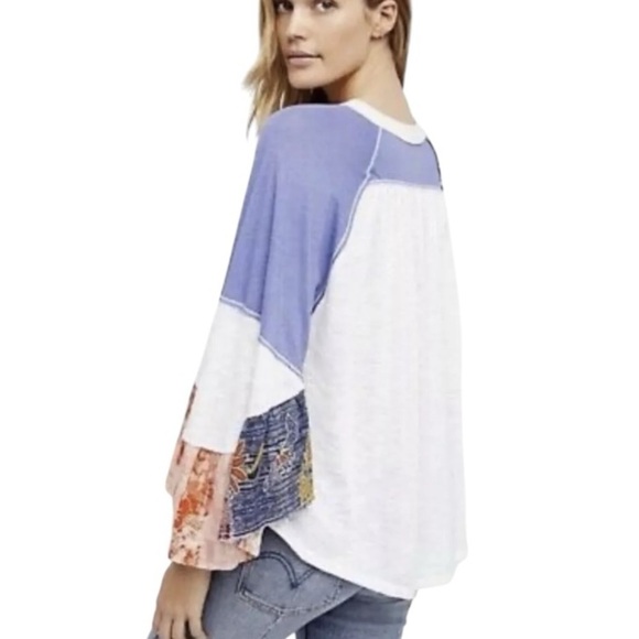 Free People Batwing Oversized Flowy Boho Color Block w/Florals Raw Hem Size L - Picture 3 of 14